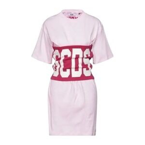 GCDS Pink T Shirt Dress With Fucshia Logo Waistband XSmall